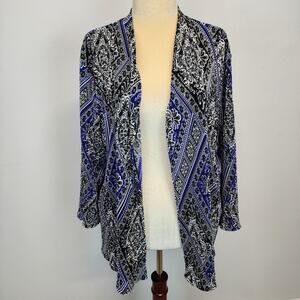 Chicos Travelers Accordian Cardigan Topper Size 3 XL Blue Black Art Nouveau Open